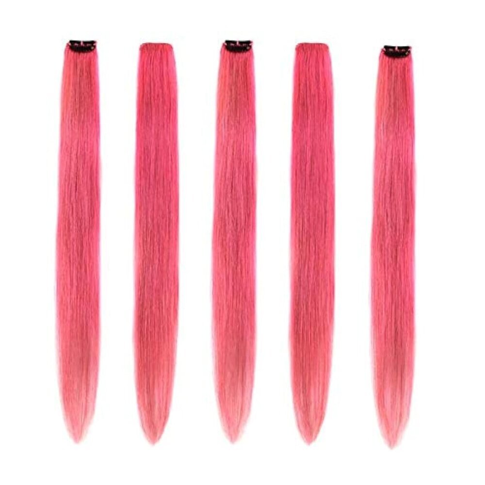 Pink Human Hair Extensions Clip in 18 Inch 5 Pieces Long Straight for Women